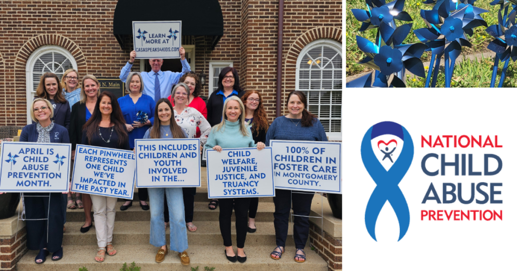 CASA staff standing on front porch holding signs about child abuse prevention month